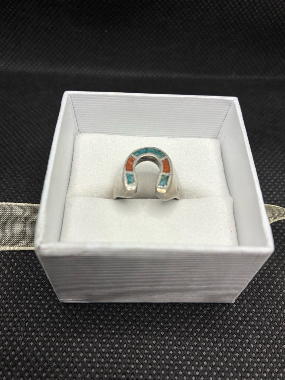 Navajo 1970s eraSilver Horseshoe Inlay Ring - Turquoise & Coral Accents SZ 4.5